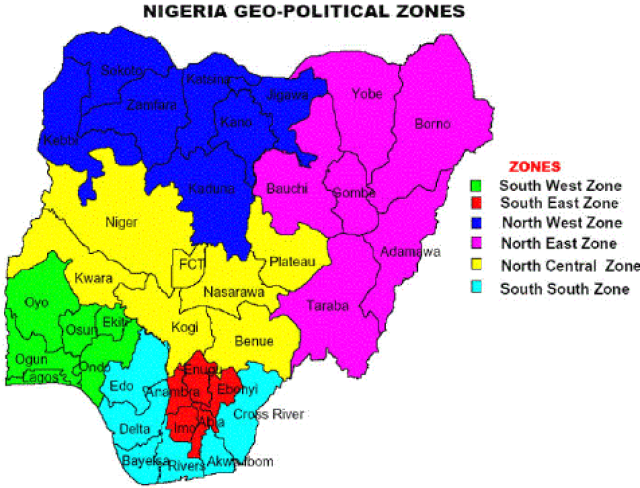 Nigerian Map showing Six Geopolitical Regions Thirty Six States and One FCT